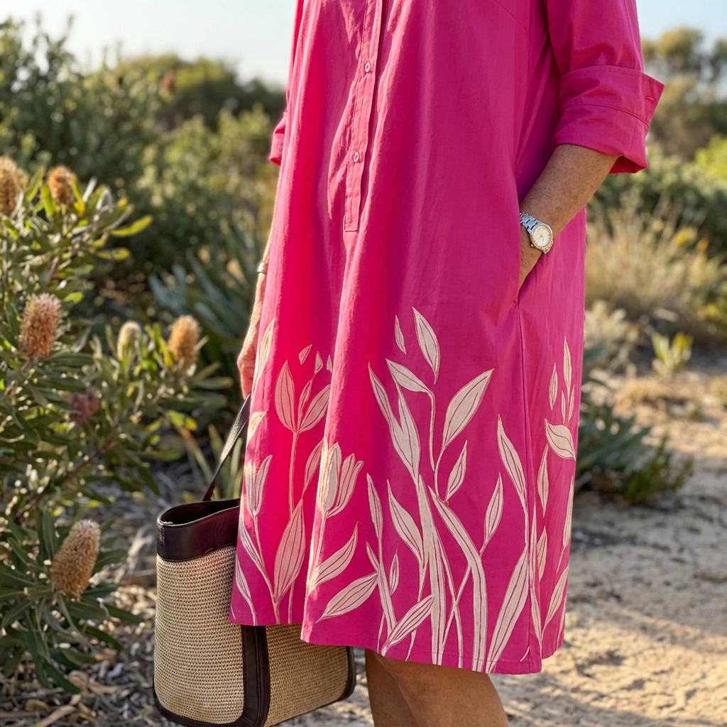 Elegant women's luxe fuchsia floral midi dress. Sophisticated button-down, a versatile summer or occasion wear garment.
