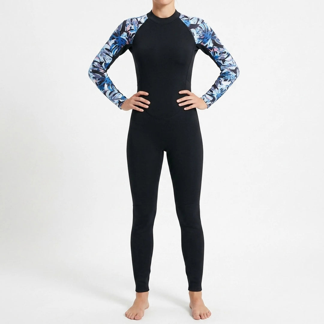 Flexible women's long-sleeve wetsuit, ideal for surfing, paddleboarding & ocean recreation.