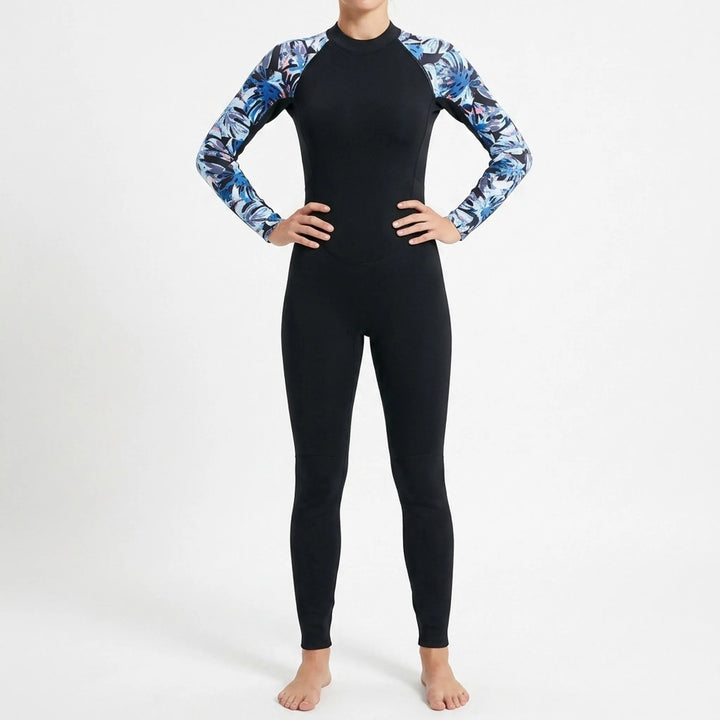 Flexible women's long-sleeve wetsuit, ideal for surfing, paddleboarding & ocean recreation.