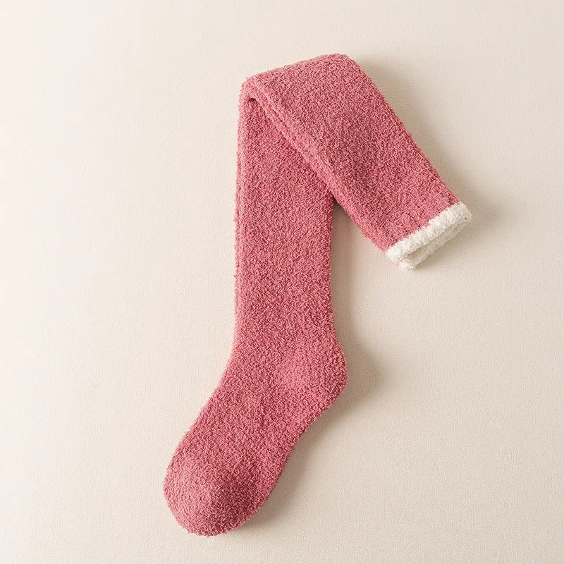 Women's fuzzy knee high socks, ultimate cozy comfort. Warm solid color winter loungewear socks for women.