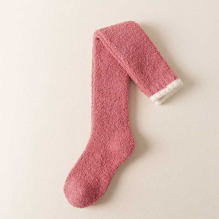 Women's fuzzy knee high socks, ultimate cozy comfort. Warm solid color winter loungewear socks for women.