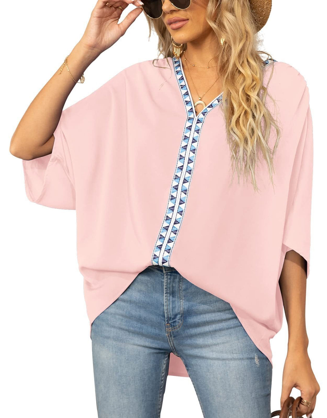 Women's geometric trim V-neck tunic top, perfect for casual spring and summer style.