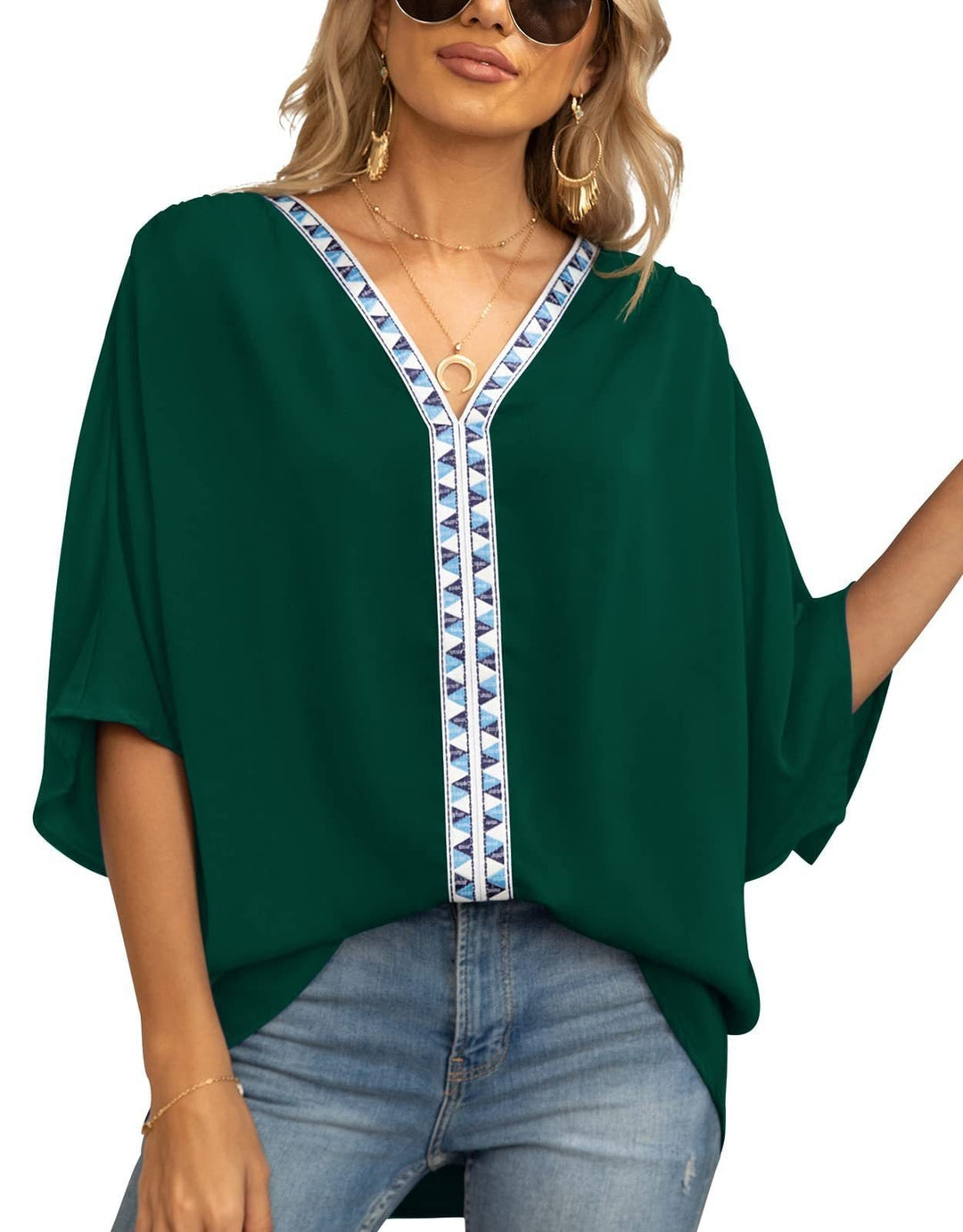 Comfortable women's geometric V-neck tunic, a perfect casual top for spring and summer fashion.