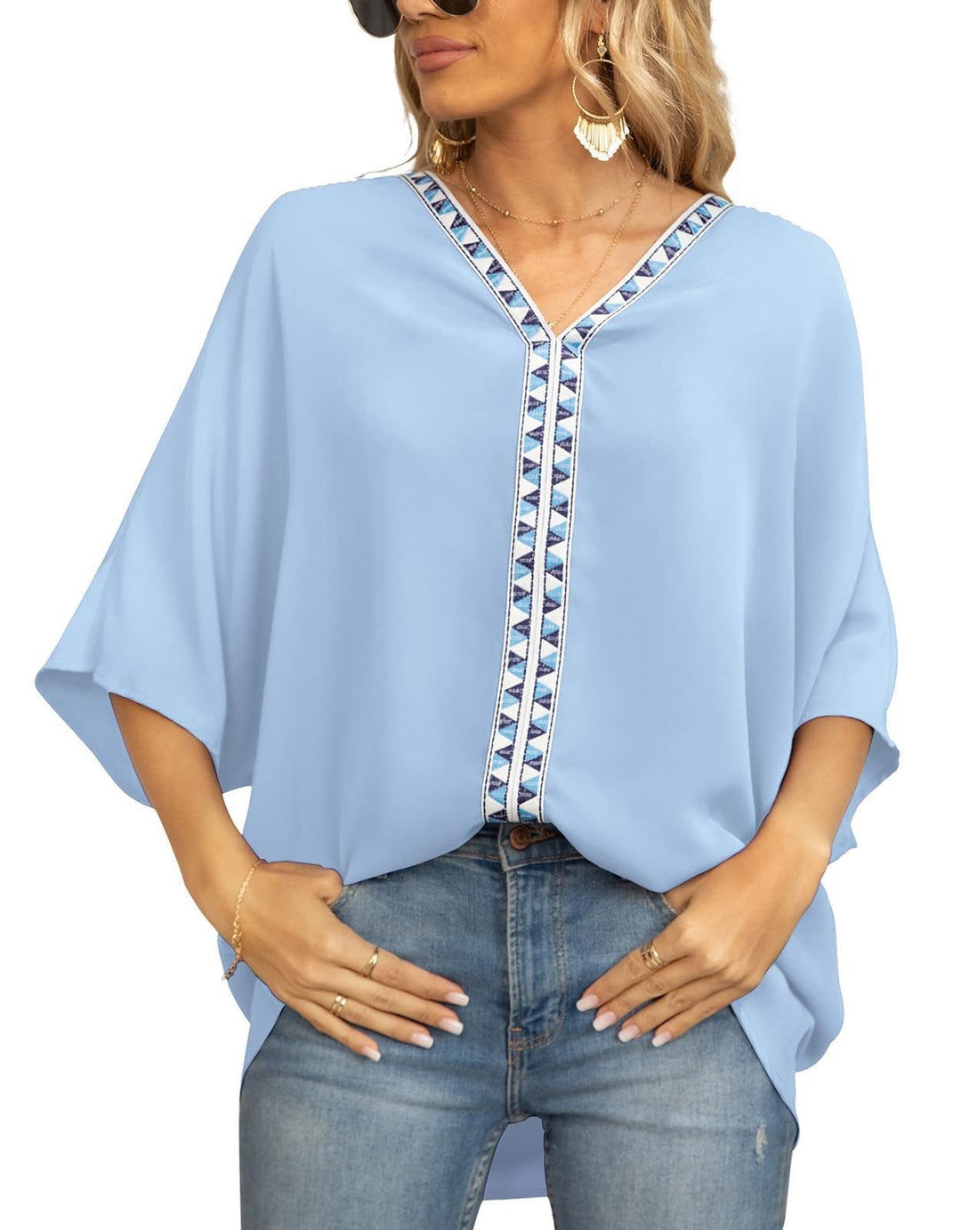 Trendy women's summer tunic top, V-neck with eye-catching geometric trim, comfortable and casual.