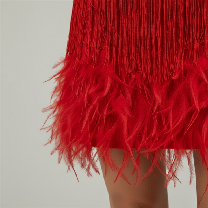 Stunning women's fringe and feather mini dress, a sleeveless V-neck cocktail option for any special occasion.