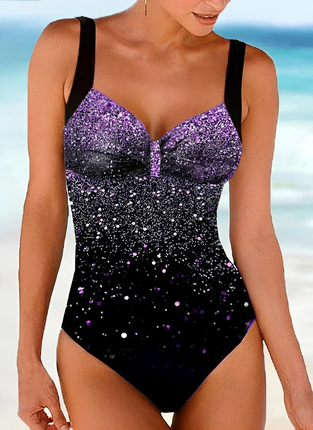 Stylish women's glitter push-up one-piece swimwear. Comfortable and body-sculpting, a vacation essential for summer.