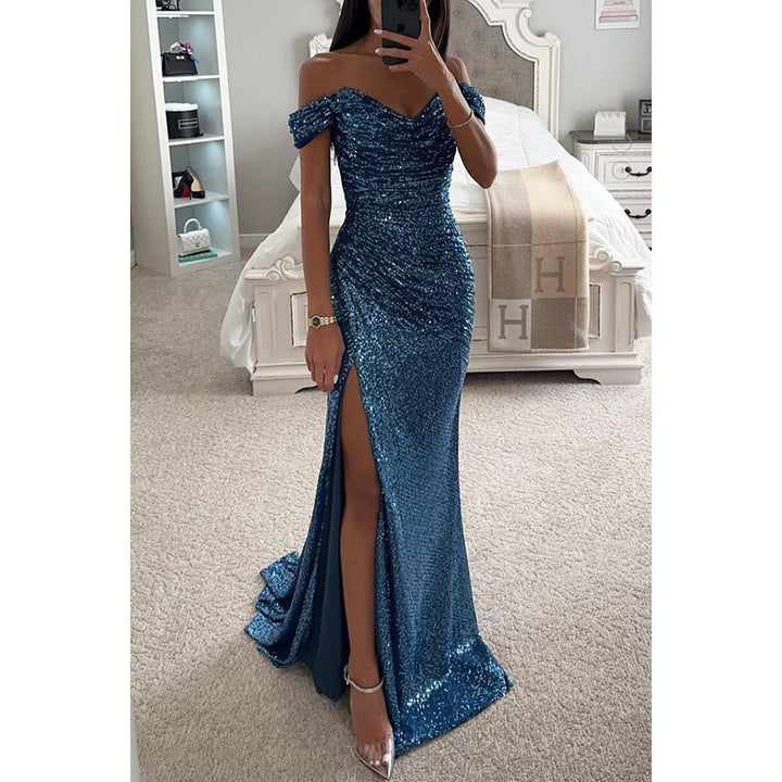 Off-shoulder neckline detail on women's sequin evening gown. Glamorous, elegant formal wear for galas & parties.