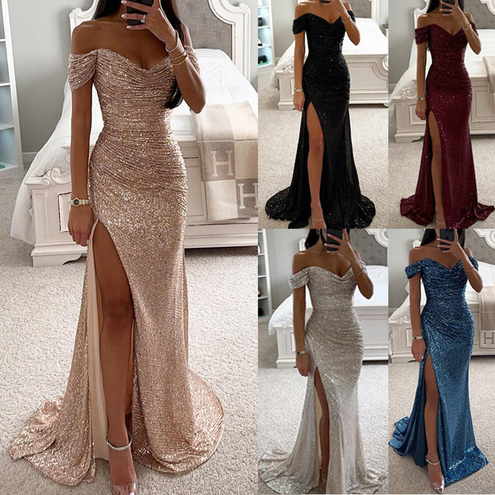 Women's stunning sequin bodycon maxi dress. Off-shoulder, high slit, perfect for glamorous formal or prom nights.