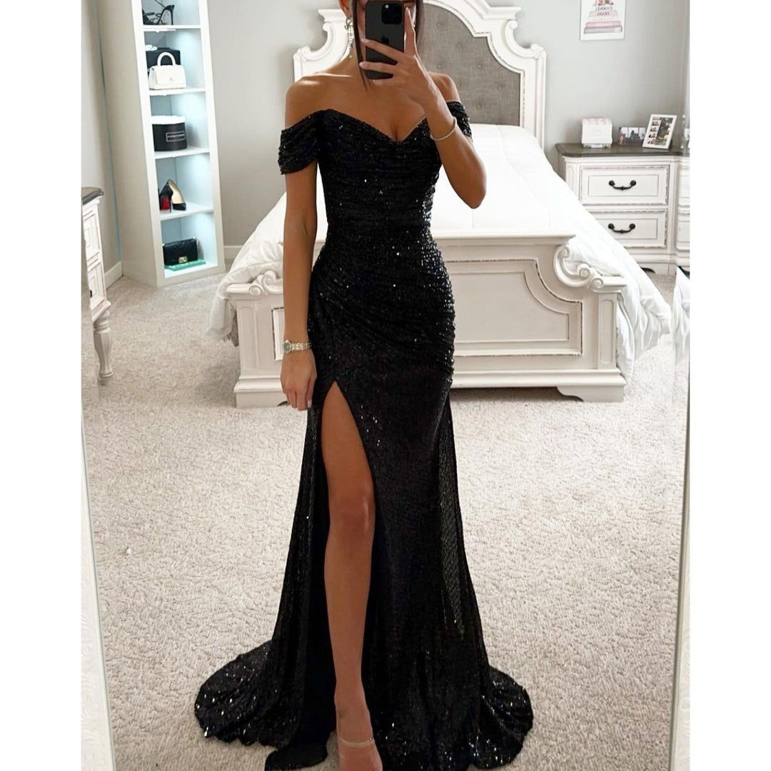Front view: Shimmering women's sequin off-shoulder gala dress. Elegant high slit, bodycon fit, perfect for special events.