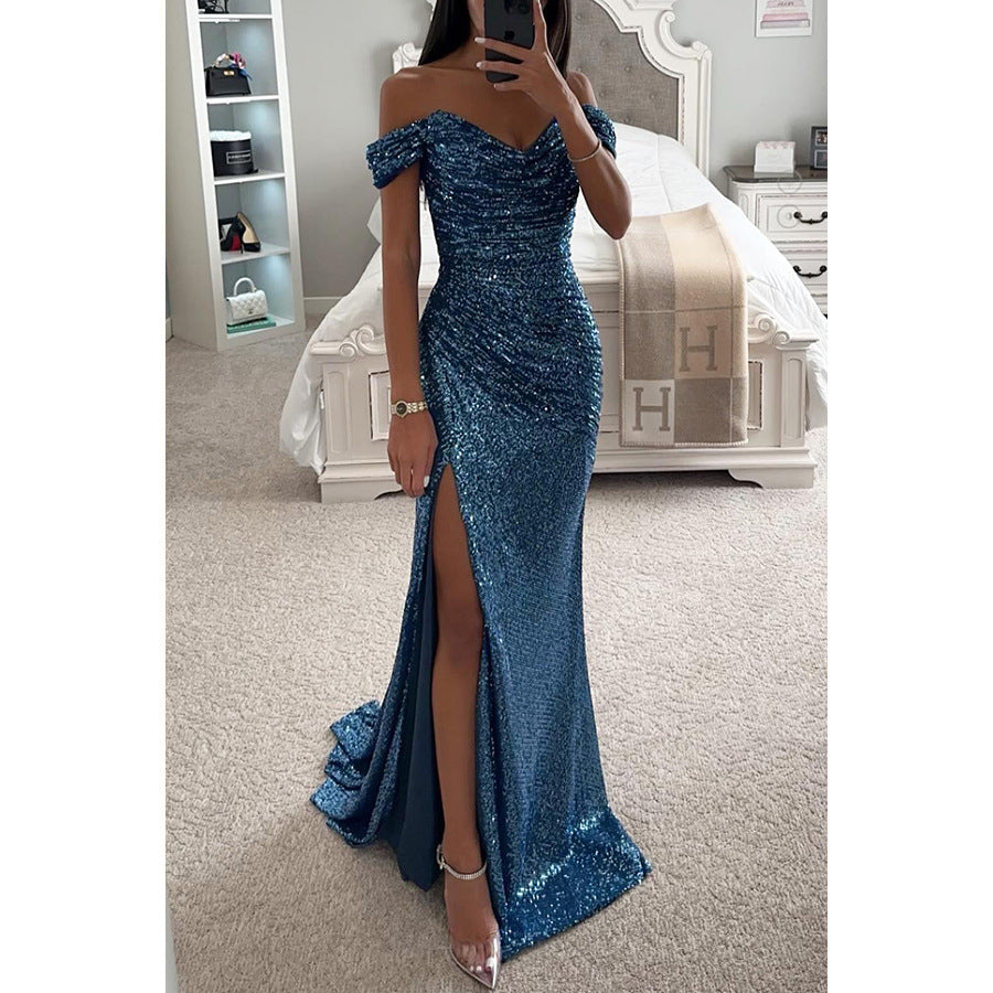 Back of elegant women's sequin off-shoulder evening gown. Bodycon maxi design, perfect for glamorous formal parties.