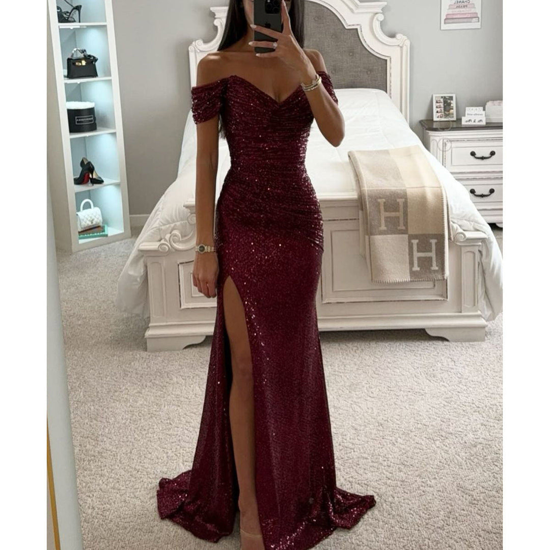 Women's formal sequin off-shoulder dress. Bodycon maxi with a high slit, perfect for prom & evening events.