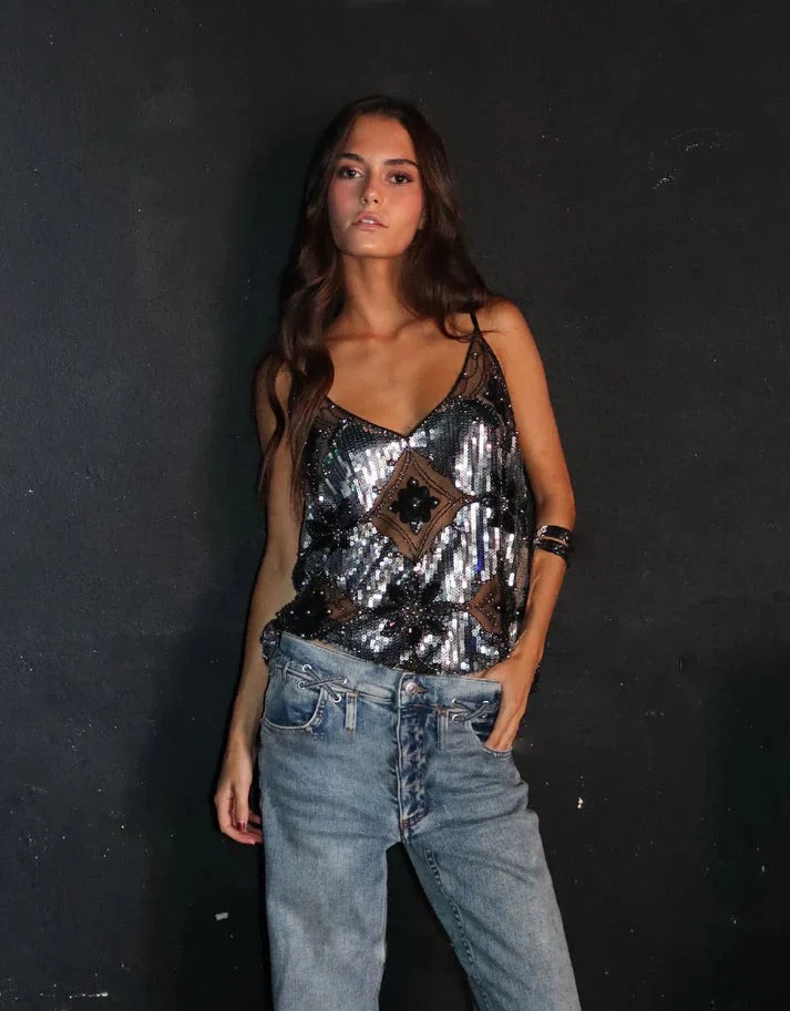 Sheer V-neck top for women, featuring dazzling sequins and delicate beads. Ideal party wear.