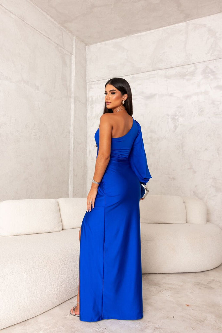 Long satin one-shoulder evening gown, elegant and glamorous for special events.