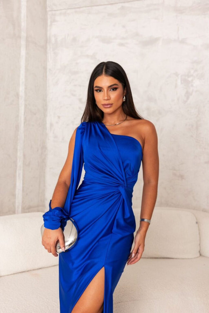 Sophisticated one-shoulder satin drape gown, women's formal wedding guest dress.