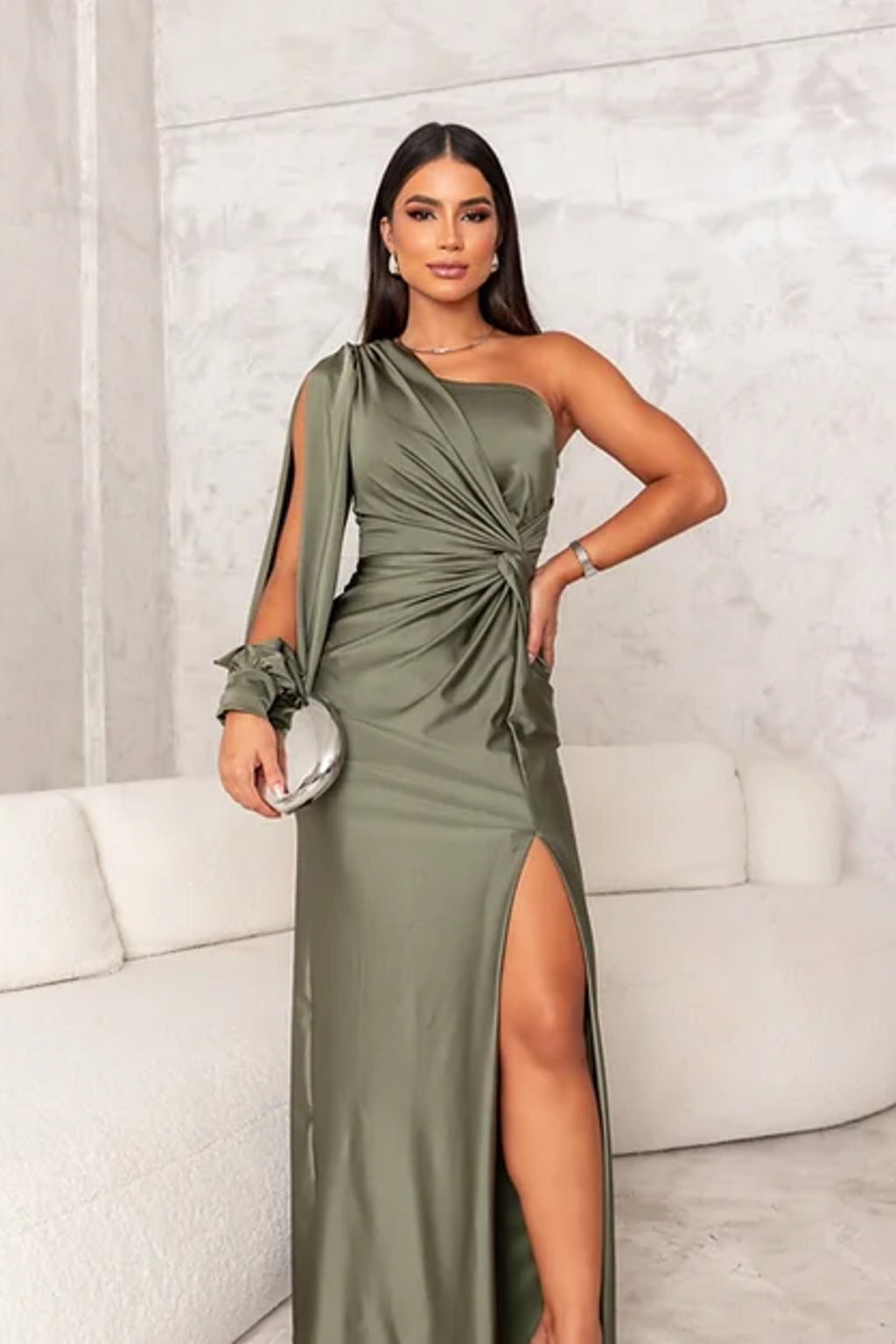 Wedding guest one-shoulder satin evening gown, chic and sophisticated.