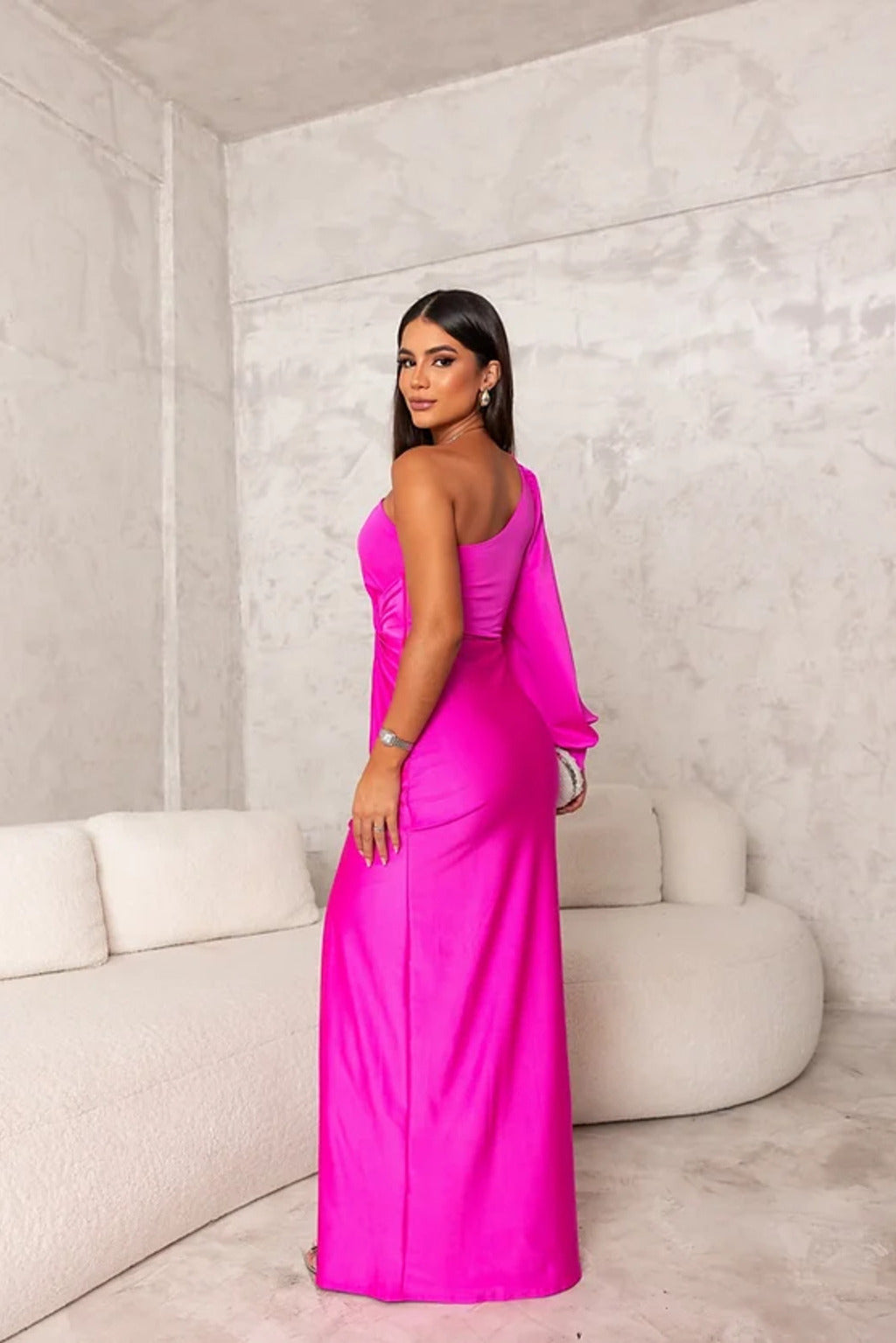 Stylish one-shoulder satin formal gown, perfect wedding guest or cocktail dress.