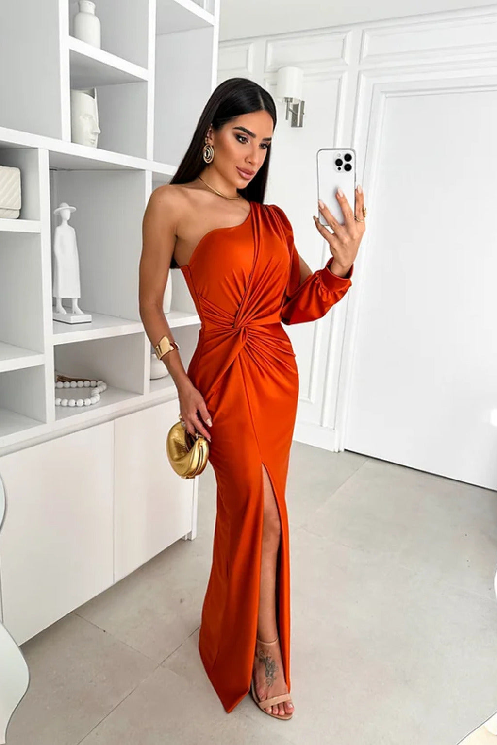 Glamorous one-shoulder drape satin dress, a stylish choice for wedding guests.