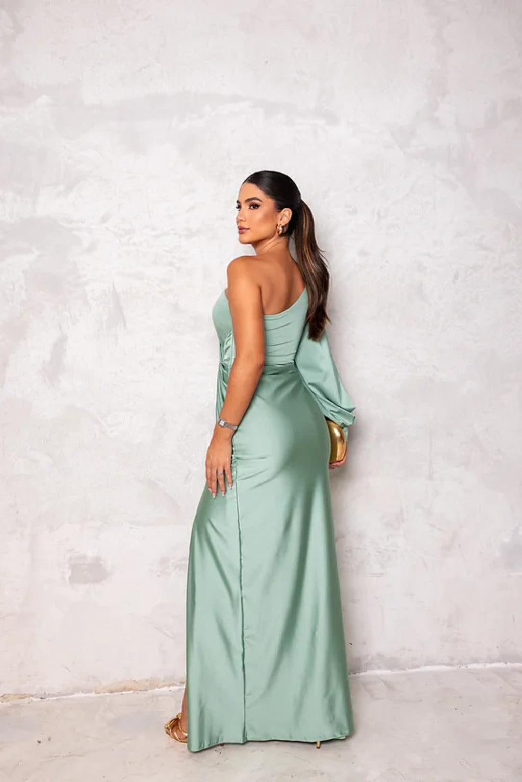 Special occasion one-shoulder satin party dress, glamorous flowing design.