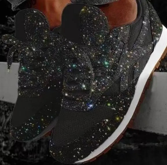 Side view of women's fashionable glitter lace-up sneakers with a white sole, ideal for everyday casual wear.