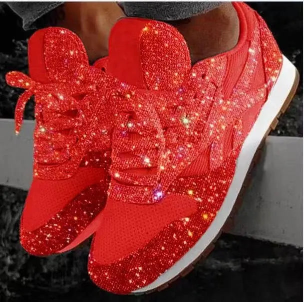 Woman wearing vibrant glitter lace-up sneakers, showcasing stylish and comfortable everyday casual footwear.