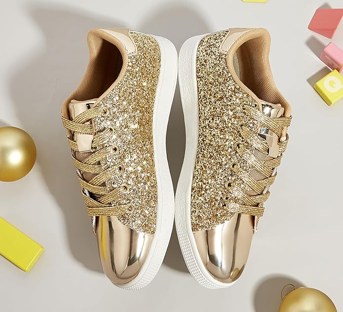 Women's glitter lace-up fashion sneakers, full view. Sparkle shoes for trendy casual footwear.
