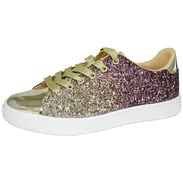 Women's glitter lace-up sneakers with a durable sole, blending fashion with athletic style.