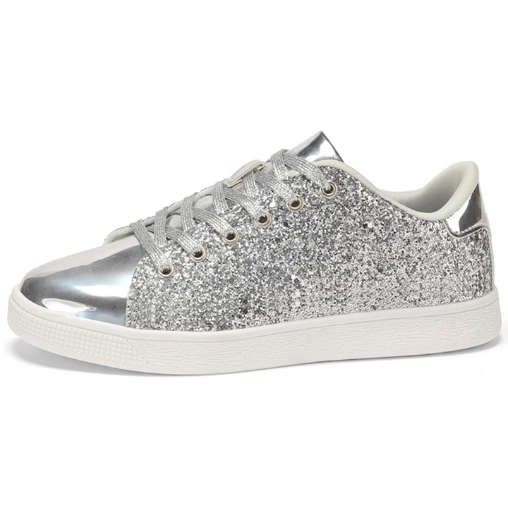 Silver glitter lace-up fashion sneakers for women. Trendy sparkle shoes with athletic style.