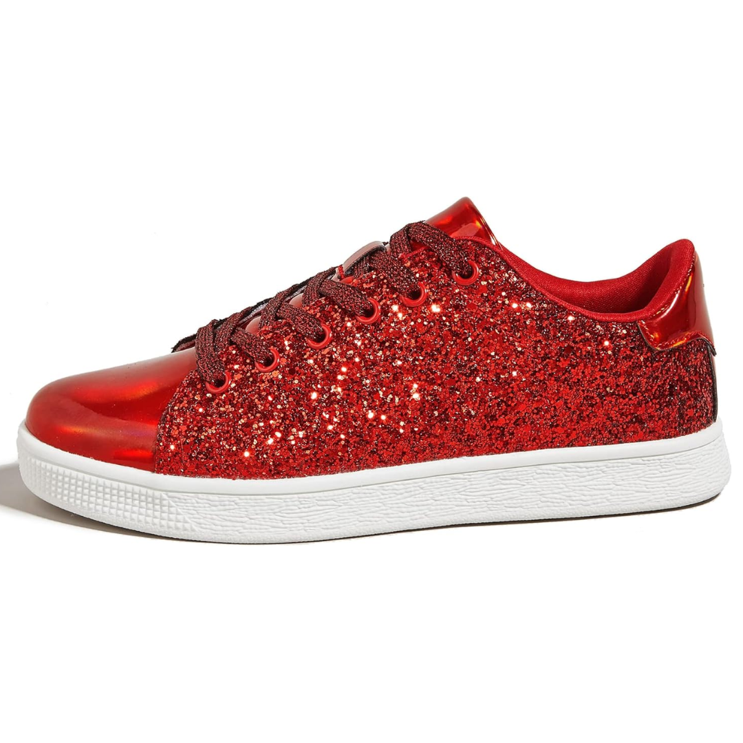 Pink glitter lace-up sneakers for women, a vibrant and fashionable choice for casual footwear.