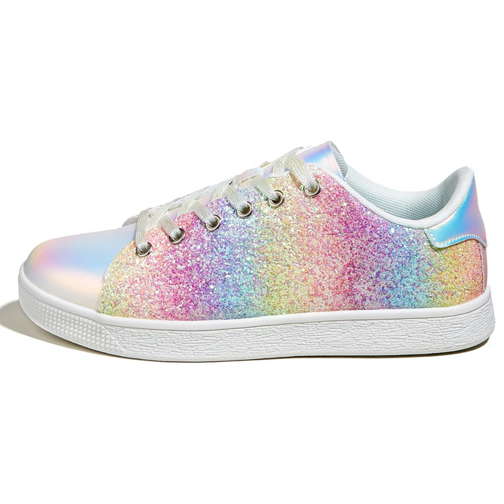 Back view of women's glitter lace-up fashion sneakers, highlighting the trendy sparkle design.