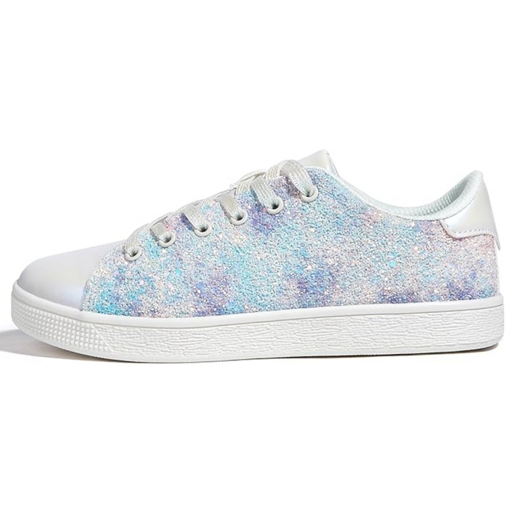 Detail of the lace-up closure on women's glitter fashion sneakers, ensuring a secure fit.