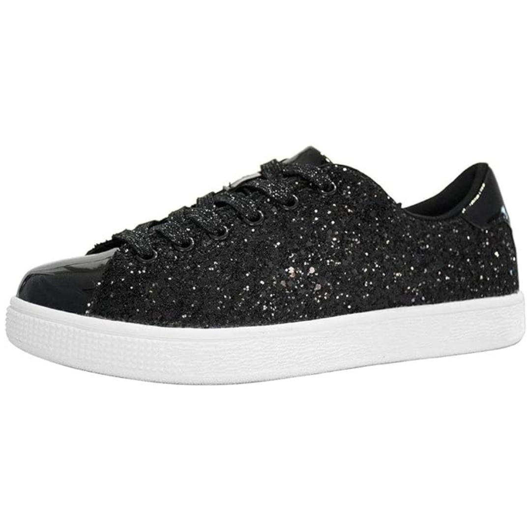 Fashionable women's glitter lace-up sneakers, combining trendy style with comfortable casual footwear.