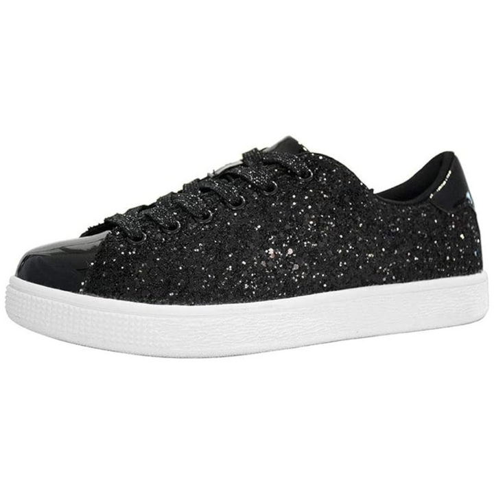 Fashionable women's glitter lace-up sneakers, combining trendy style with comfortable casual footwear.