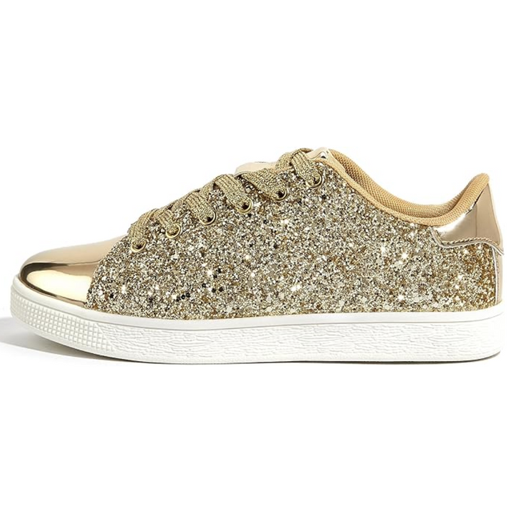 Versatile women's glitter lace-up sneakers, perfect for casual outings & adding sparkle to outfits.