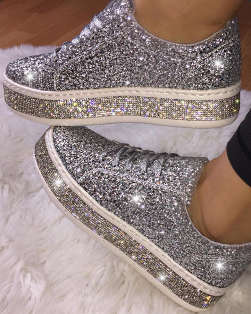 Women's glitter platform sneakers. Sparkly, chic, & comfortable fashion footwear for everyday wear.