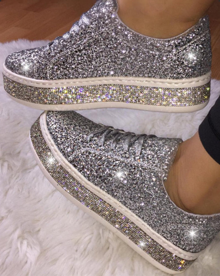 Women's glitter platform sneakers. Sparkly, chic, & comfortable fashion footwear for everyday wear.