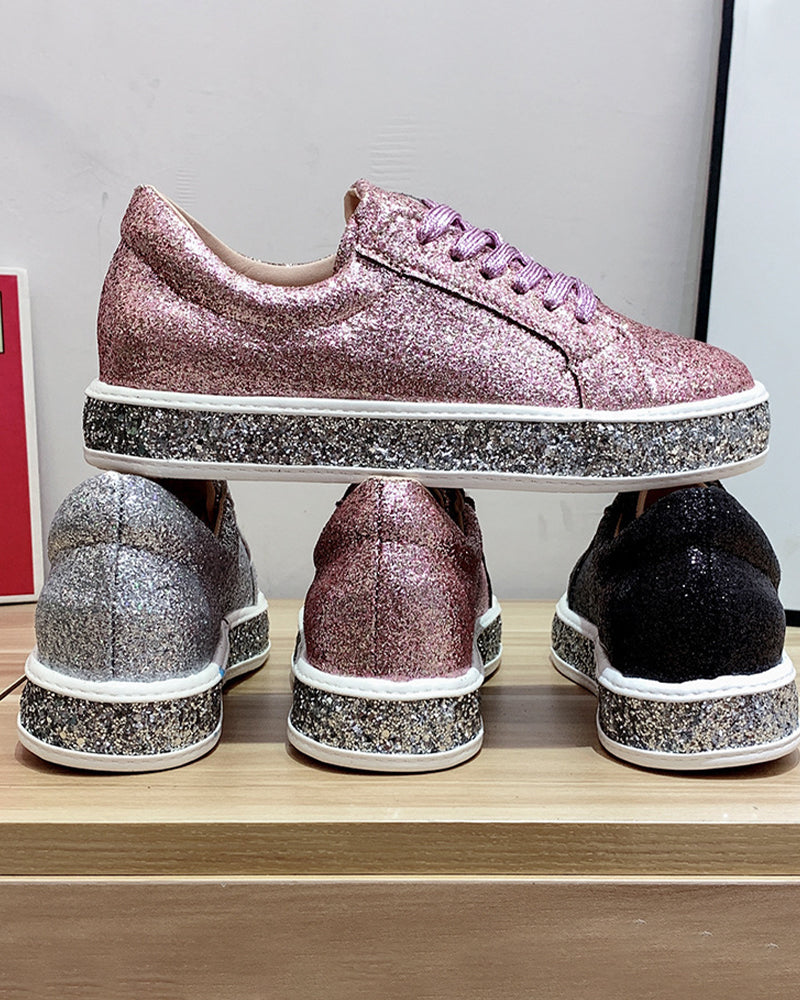 Elegant women's glitter platform sneakers. Chic casual shoes offering both style and comfort for daily fashion.