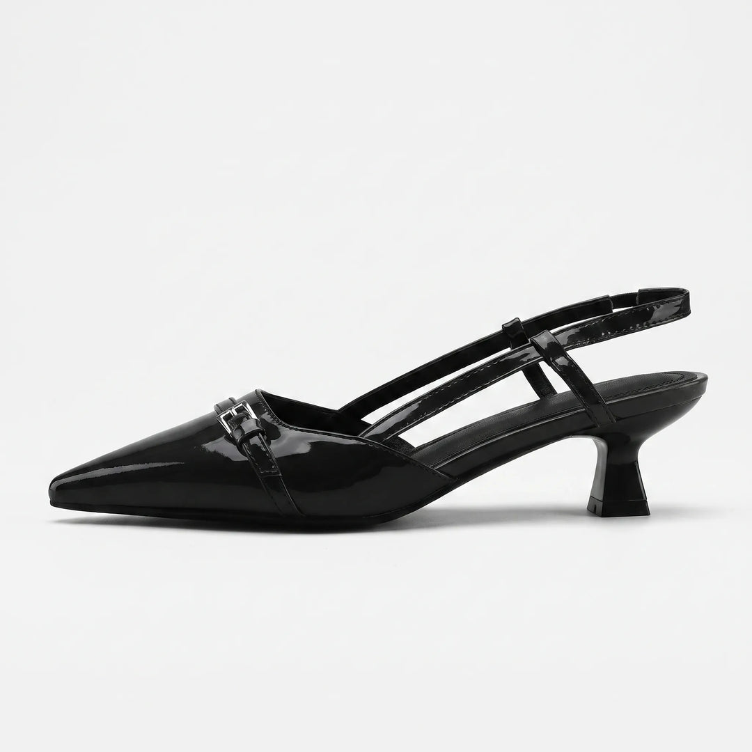 Elegant women's glossy slingback heels featuring a sharp pointed toe. Perfect for sophisticated office & party outfits.