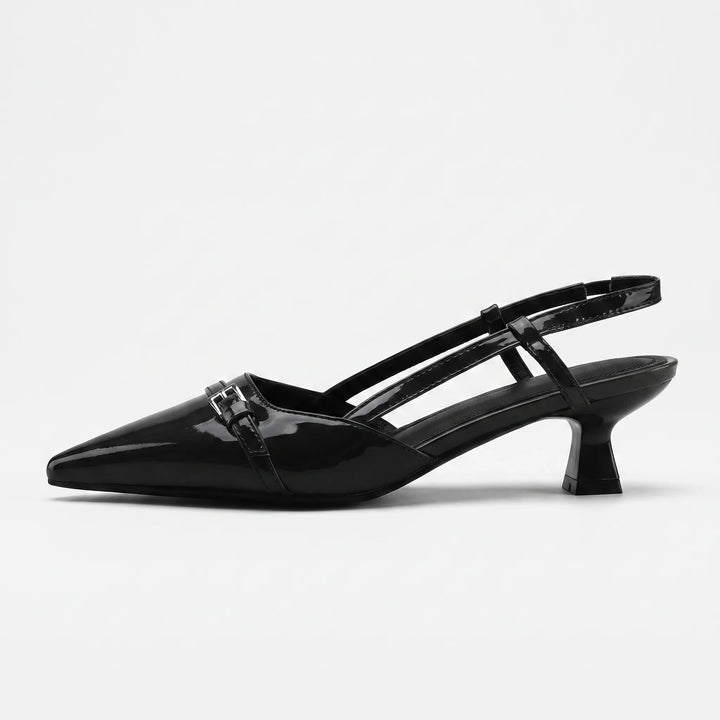 Elegant women's glossy slingback heels featuring a sharp pointed toe. Perfect for sophisticated office & party outfits.