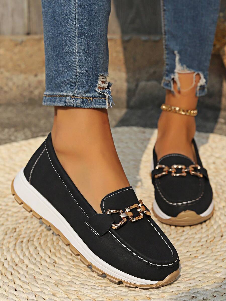 Women's gold chain flatform loafers. Stylish slip-on shoes with round toe for effortless casual chic and comfort.