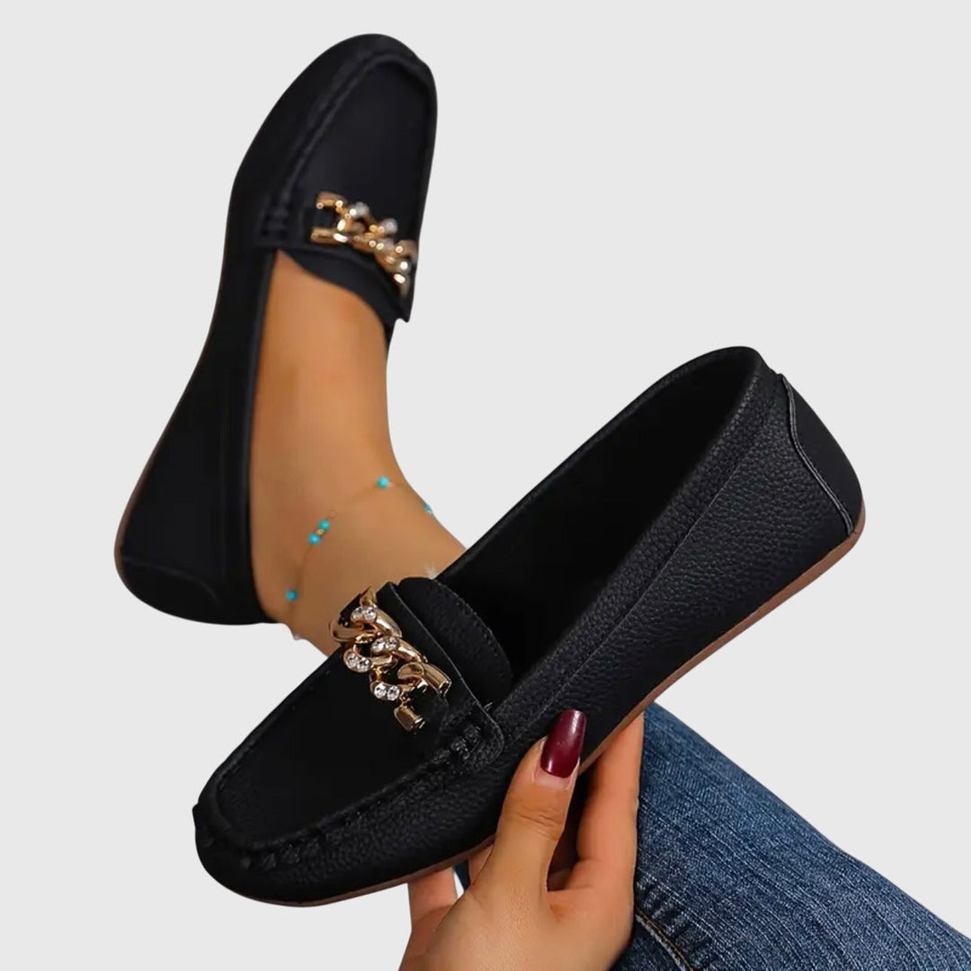 Versatile women's wedge loafers: gold chain & crystal detail, perfect for stylish everyday wear.