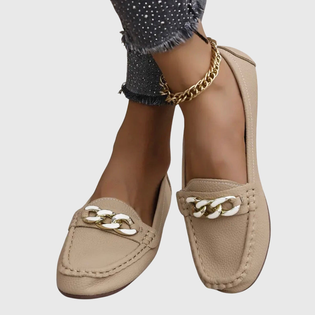Casual chic women's wedge loafers, round toe, gold chain, and crystal detail for stylish comfort.