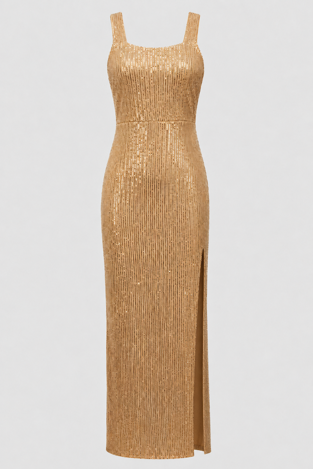 Women's gold sleeveless maxi dress featuring a chic square neck and elegant vertical pattern.