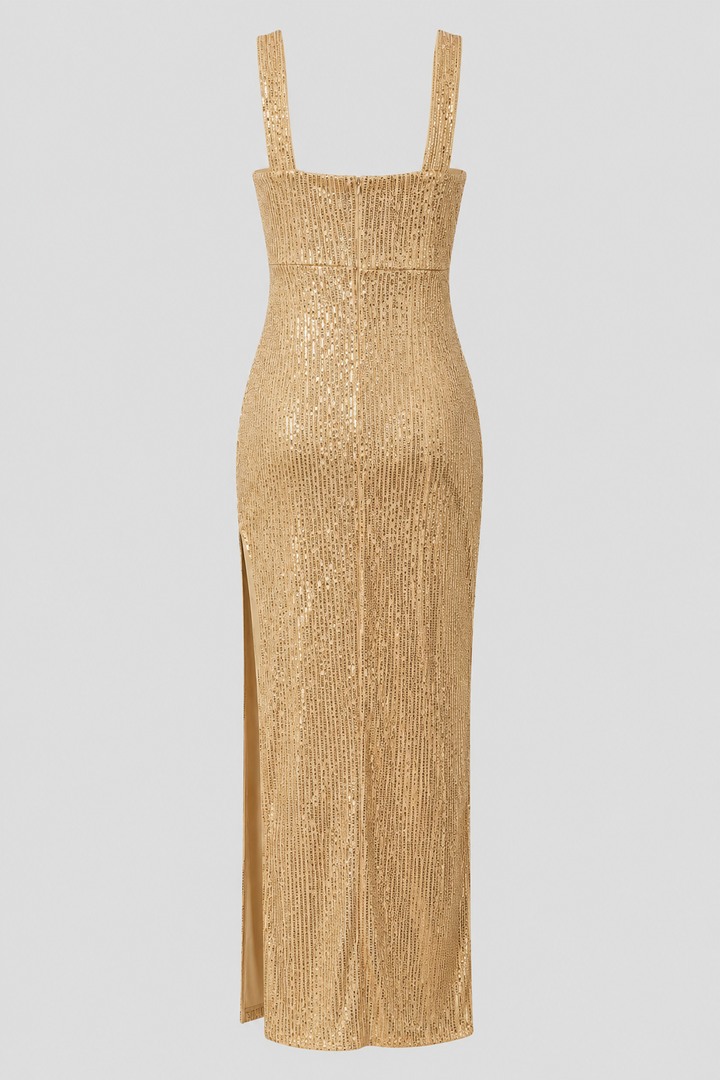 Flowy sleeveless maxi dress for women, with a modern square neck and stylish vertical pattern.