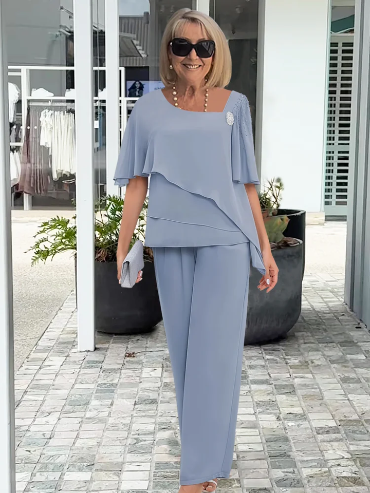 Women's graceful 2-piece set with elegant overlay top & relaxed fit straight-leg pants. Sophisticated casual chic.