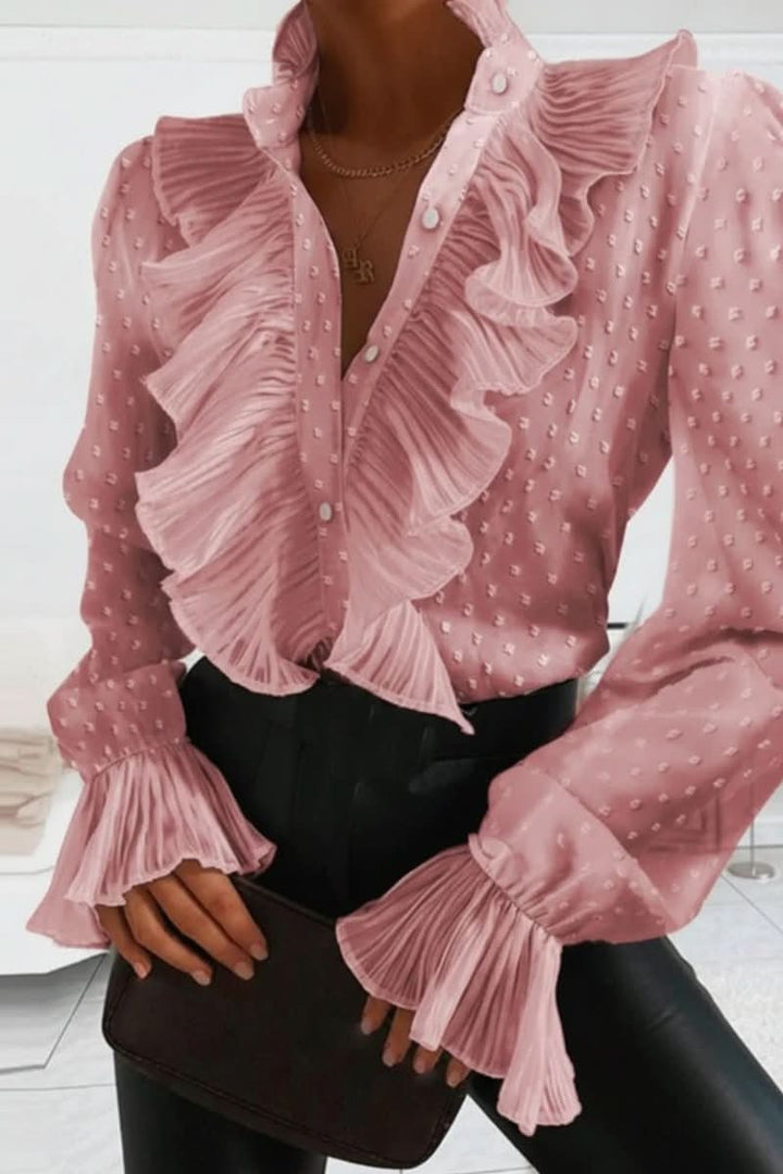 Chic long sleeve ruffle blouse for women, ideal for versatile office or dinner wear fashion.