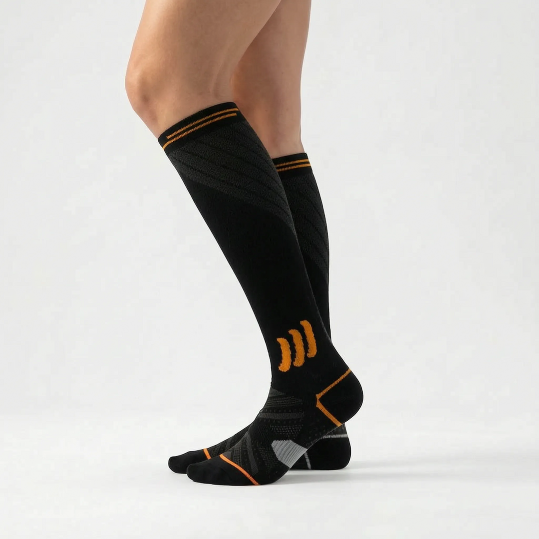 Therapeutic women's graduated compression knee-high socks, promoting healthy circulation, reducing swelling, and leg pain.