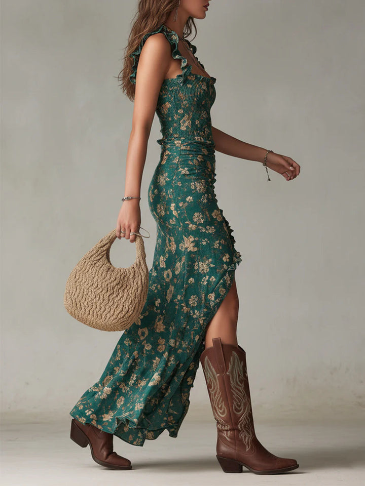 Green floral smocked maxi sundress for women, featuring a bohemian style and playful ruffle details.