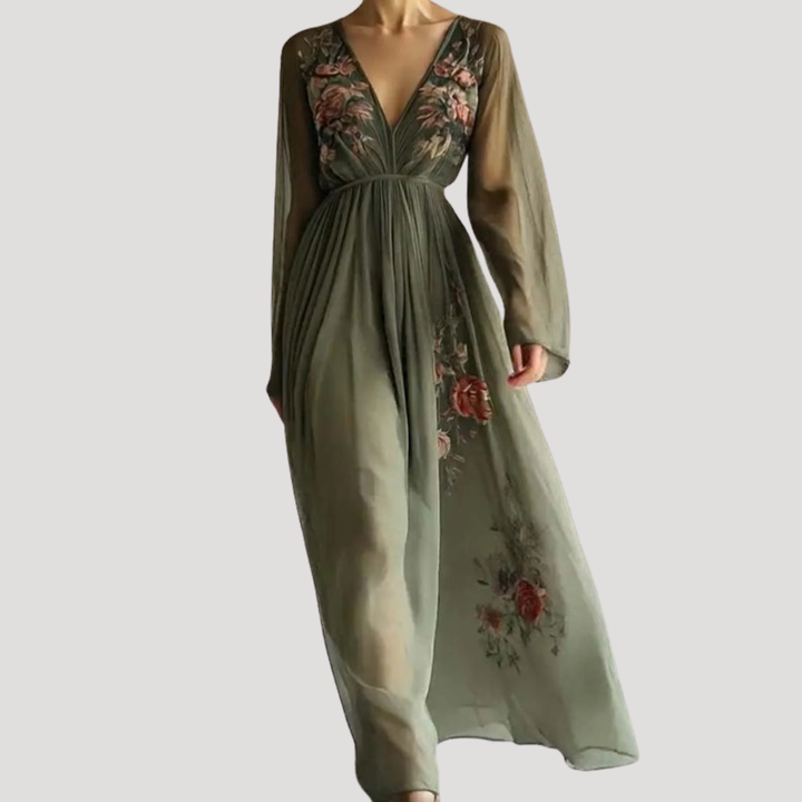 Women's green floral embroidered V-neck flowy maxi dress, perfect for elegant summer garden parties.