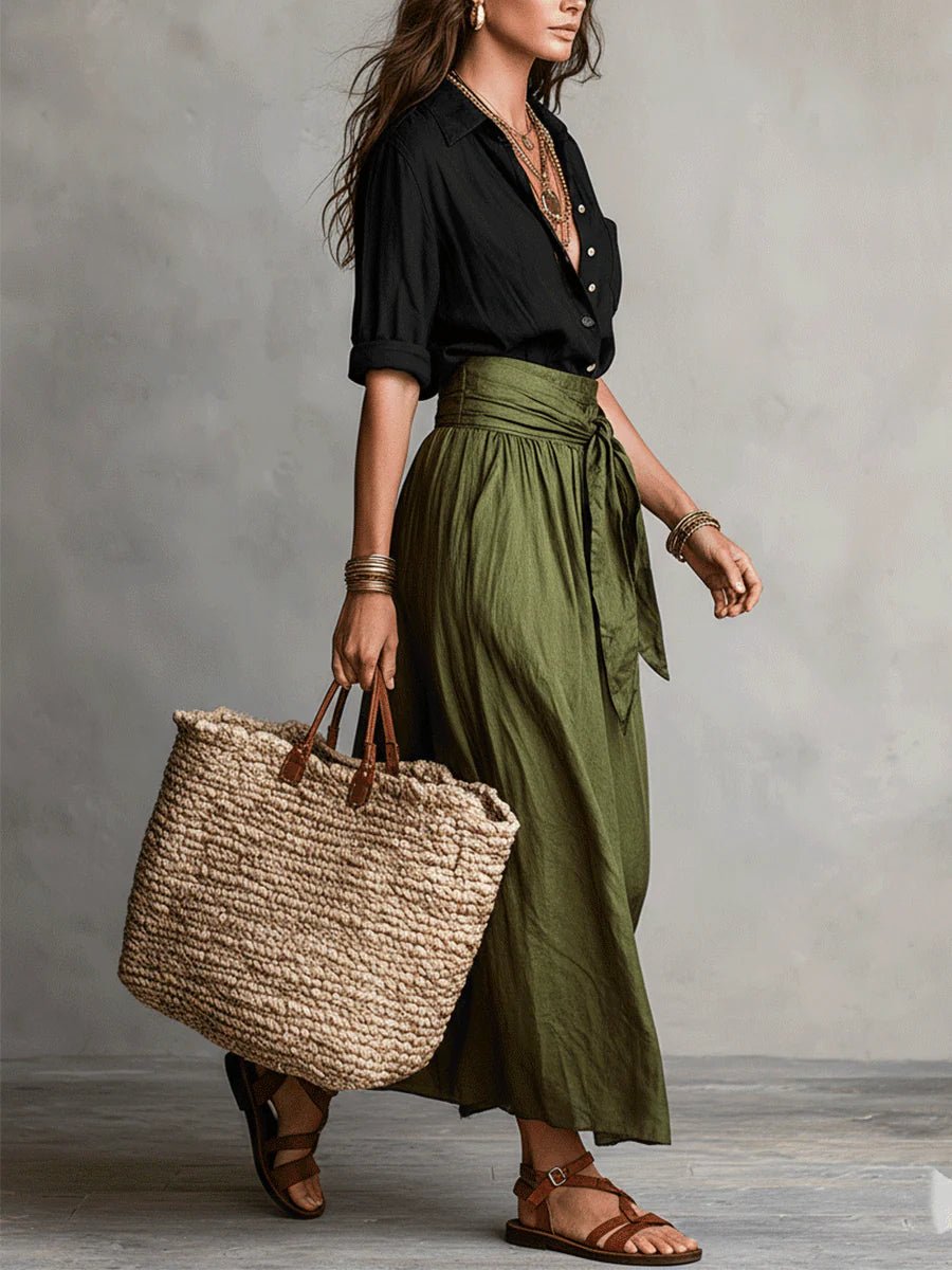 Effortless women's green two-piece maxi skirt set, perfect for vacation, brunch, or relaxed casual outfits.