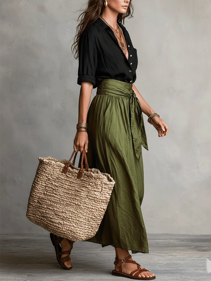 Effortless women's green two-piece maxi skirt set, perfect for vacation, brunch, or relaxed casual outfits.